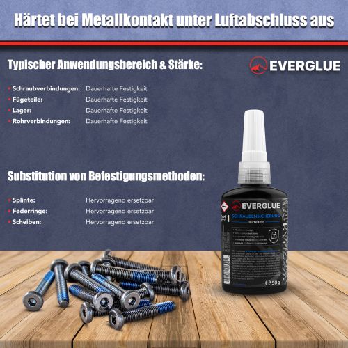 Everglue threadlocker anaerobic medium strength vibration resistant normally removable up to M36 thread 50g dosing bottle
