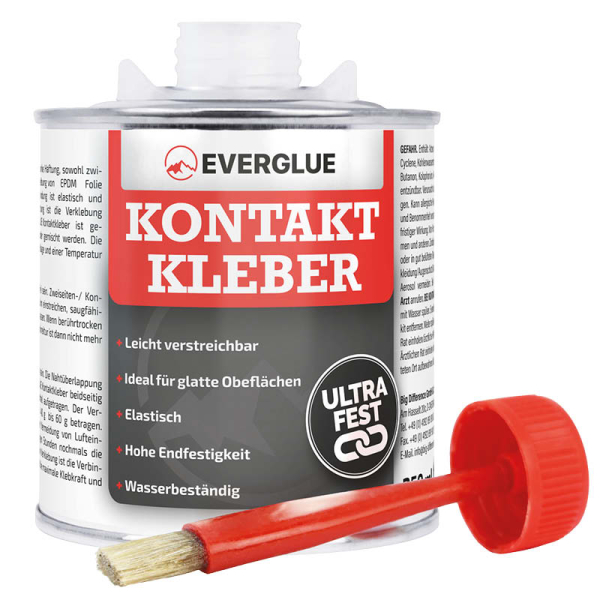 Everglue contact adhesive solvent-based temperature-resistant up to +80°C flexible water-resistant 250g brush-top can