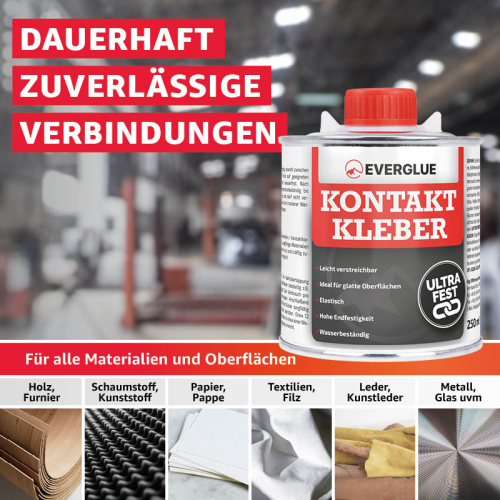 Everglue Kontaktkleber auf Lösemittelbasis bis +80°C temperaturbeständig elastisch wasserbeständig 250g Pinseldose