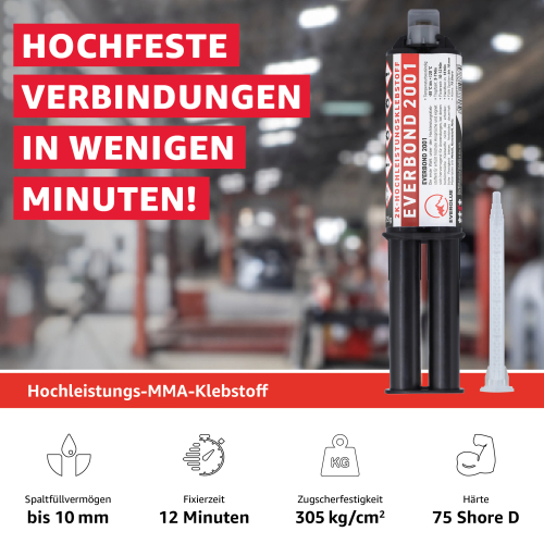 Everglue 2K MMA Everbond 2001 extrem hohe Festigkeit mit Beständigkeit gegen Benzin und Kerosin weiß 25ml Doppelspritze 1:1