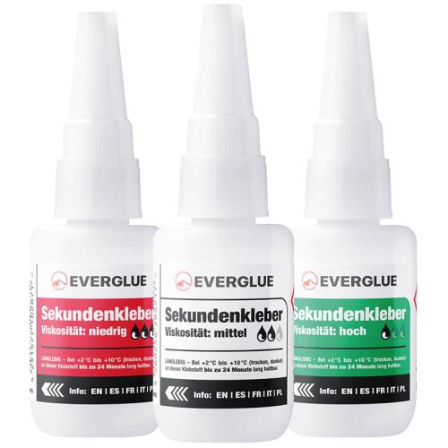 Everglue Sekundenkleber Cyanacrylat niedrigviskos + mittelviskos + hochviskos extra lange lagerfähig 3 x 20g Dosierflasche