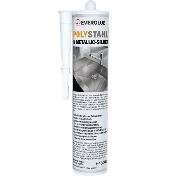 Everglue Polystahl 1K MS polymer metal glue UV-resistant metallic silver 300g cartridge
