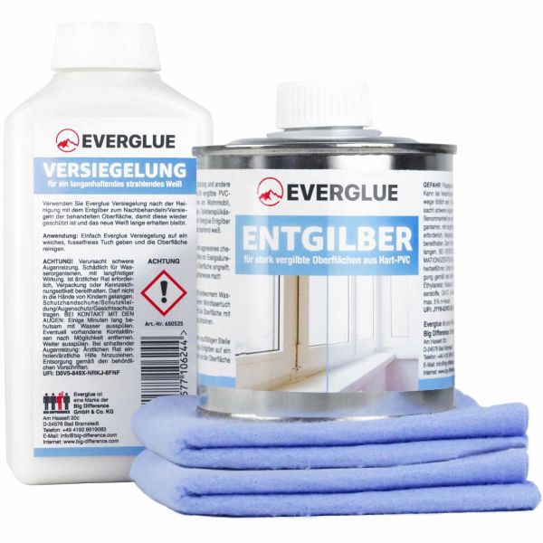 Everglue Entgilber 250ml + Versiegelung 250ml + 2 Pflegetücher für Oberflächen aus Hart-PVC