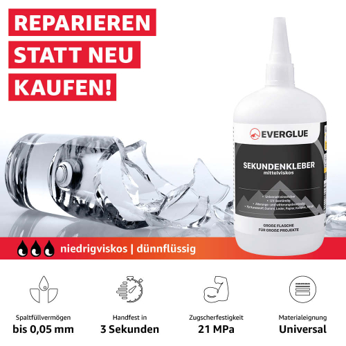 Everglue Sekundenkleber Cyanacrylat mittelviskos 500g Dosierflasche