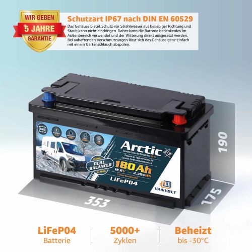 VANVOLT 180Ah LiFePO4 batteria al litio 12,8V DIN H8 IP67 BMS Arctic con Bluetooth e dual-bilanciatore attivo + passivo fino a 200A di corrente di carica/scarica