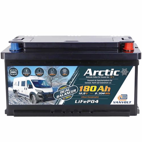 VANVOLT 180Ah LiFePO4 lithium battery 12.8V DIN H8 IP67 Arctic BMS with Bluetooth and dual-balancer active + passive up to 200A charge/discharge current
