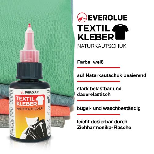 Everglue Textilkleber Naturlatex bis +95 °C waschbar und bis +150 °C bügelfest 50g Dosierflasche