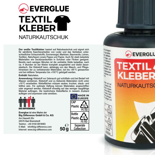 Everglue Textilkleber Naturlatex bis +95 °C waschbar und bis +150 °C bügelfest 50g Dosierflasche