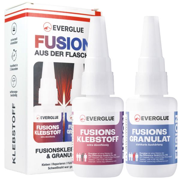 Everglue FUSION aus der Flasche bestehend aus Fusionsklebstoff 20g Dosierflasche + Fusionsgranulat 40g Dosierflasche