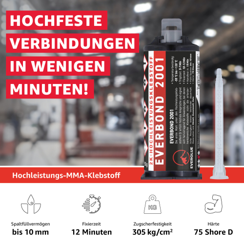 Everglue 2K MMA Everbond 2001 extrem hohe Festigkeit mit Beständigkeit gegen Benzin und Kerosin schwarz 50ml Doppelkartusche 1:1