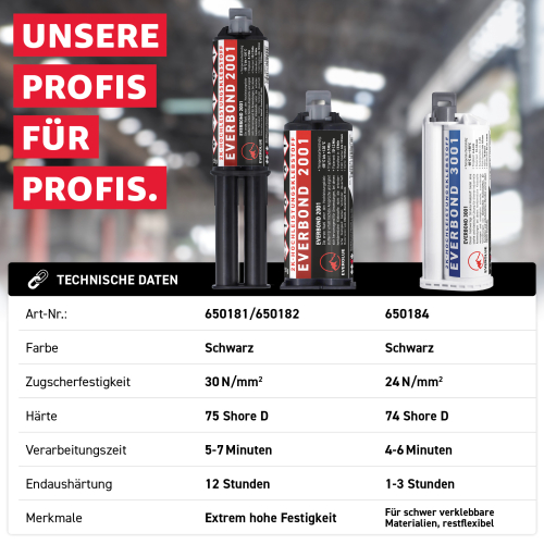 Everglue 2K MMA Everbond 2001 extrem hohe Festigkeit mit Beständigkeit gegen Benzin und Kerosin schwarz 50ml Doppelkartusche 1:1