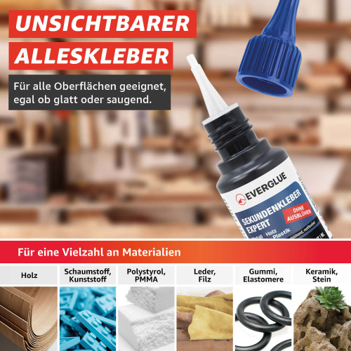Everglue Sekundenkleber Cyanacrylat für Metall Plastik Styropor® mittelviskos 20g Dosierflasche